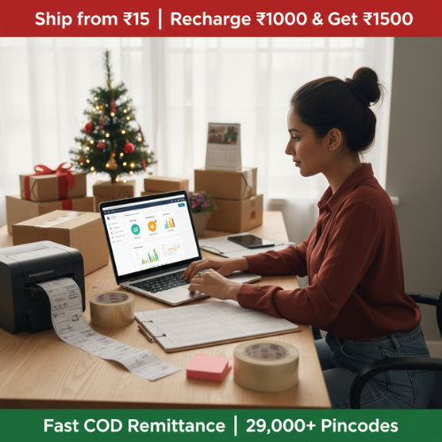 Instagram and D2C seller managing festive season e-commerce shipments using Shipdartexpress dashboard, showcasing low-cost shipping from ₹15, fast D+1 COD remittance, wallet recharge offers, and nationwide delivery across 29,000+ pincodes in India.