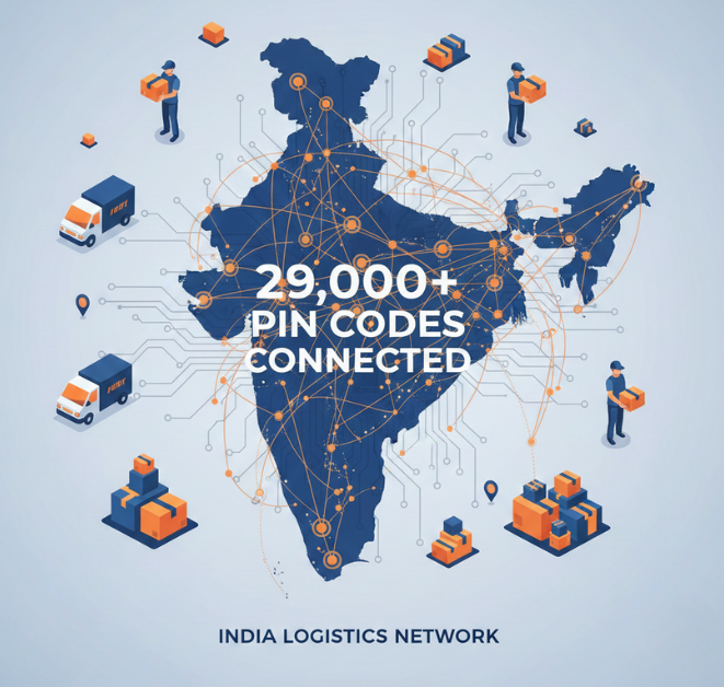 India logistics network map connecting 29,000+ PIN codes with nationwide delivery routes.